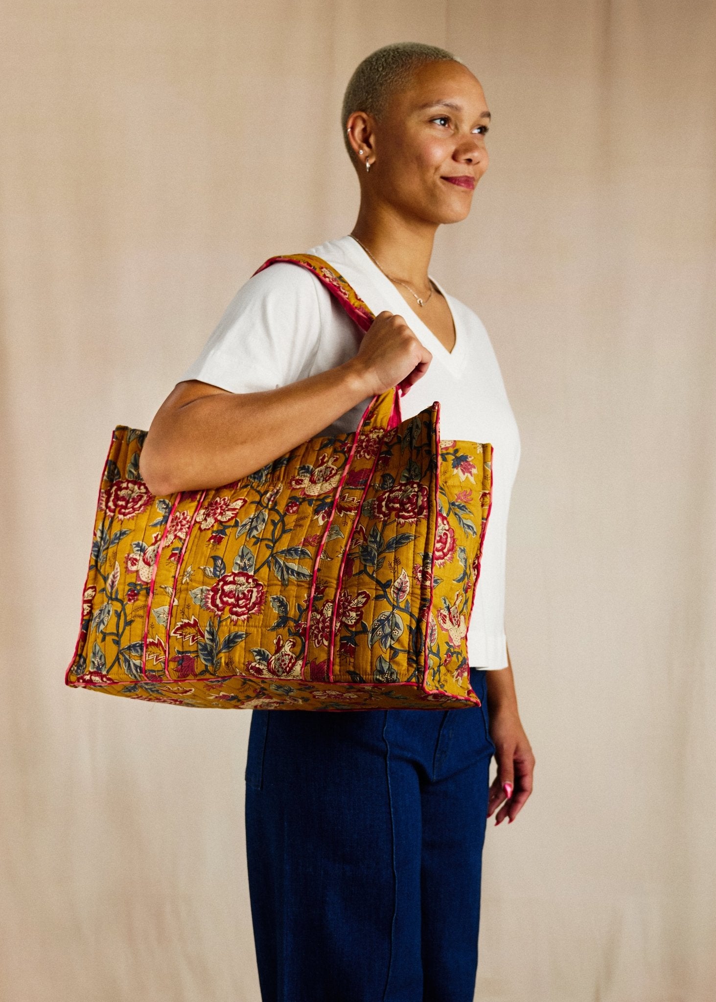 Market Bag - Deep Mustard Floral - Cecily & Saffron